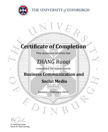 参与云游学获得爱丁堡大学和索菲亚大学学习证书及名企推荐信